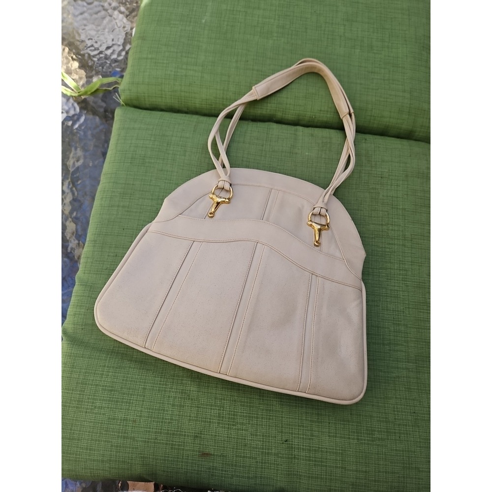 Lou Taylor Purse Italy Leather HORSE BIT Swivel Mirror Miami Vintage Cream Ivory